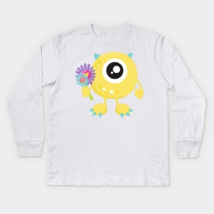 Spring Monster, Yellow Monster, Flowers, Horns Kids Long Sleeve T-Shirt